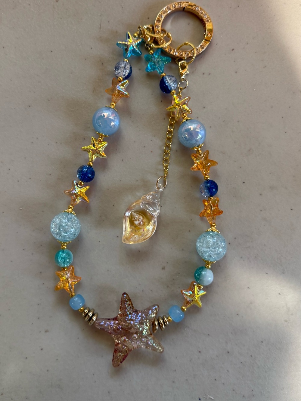 Starfish Charm Beaded Keychain/Rear view mirror hanger - Blue, Aqua, Gold